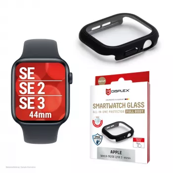 Ekrano apsauga PanzerGlass Displex 10H, skirta Apple Watch SE3/SE2/SE (44 mm) – visą korpusą dengianti, IP68, užsegama, juoda matinė