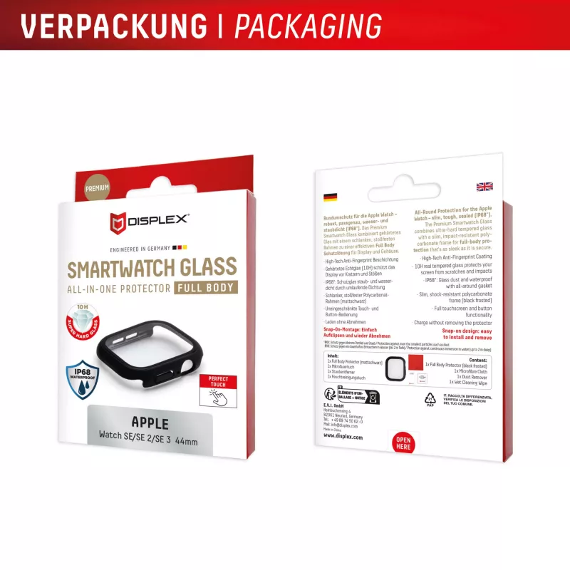 Ekrano apsauga PanzerGlass Displex 10H, skirta Apple Watch SE3/SE2/SE (44 mm) – visą korpusą dengianti, IP68, užsegama, juoda matinė