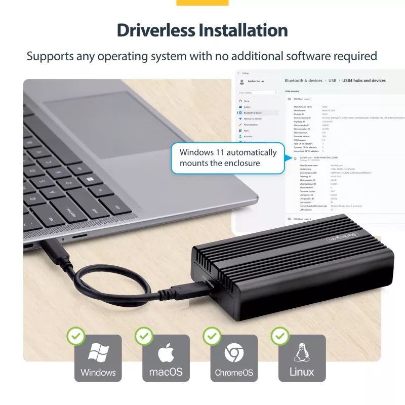 StarTech.com USB4 M.2 NVMe korpusas, 40 Gbps, išorinis USB-C/Thunderbolt NVMe SSD korpusas, aliuminio aušintuvo korpusas, B+M/M-Key