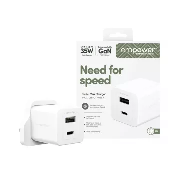 PanzerGlass empower™ by ® Turbo 35W įkroviklis su USB-C + USB-A | UK kištukas | Sidabrinė balta