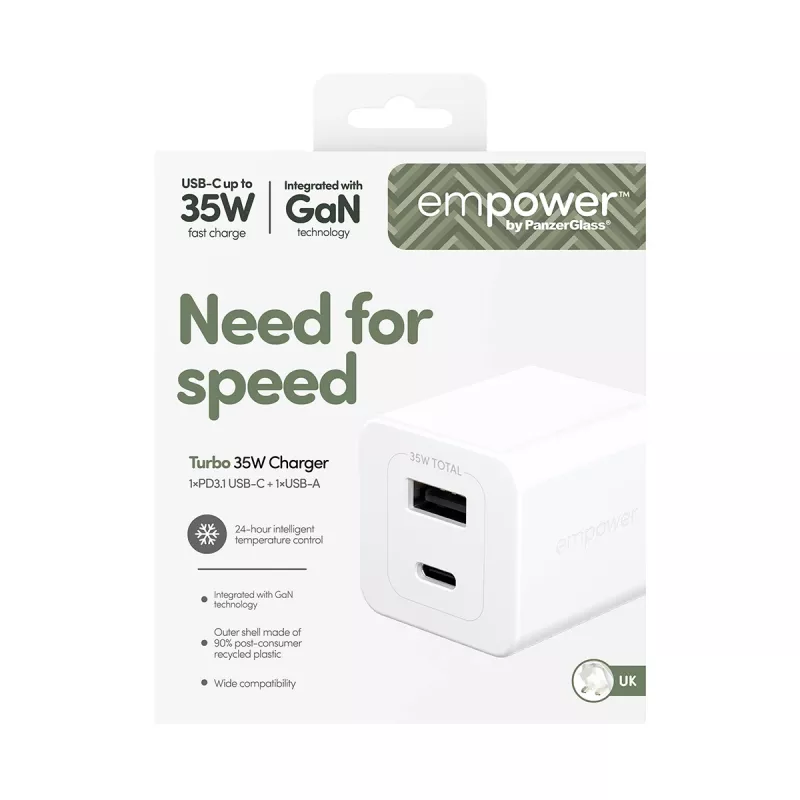 PanzerGlass empower™ by ® Turbo 35W įkroviklis su USB-C + USB-A | UK kištukas | Sidabrinė balta