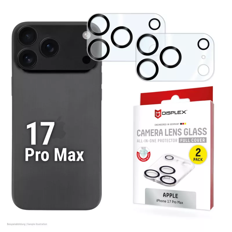 “Displex Full Cover” kameros objektyvo stiklas “iPhone 17 Pro Max”, 10H, pilna kameros apsauga, greitas montavimas, 2 vnt.