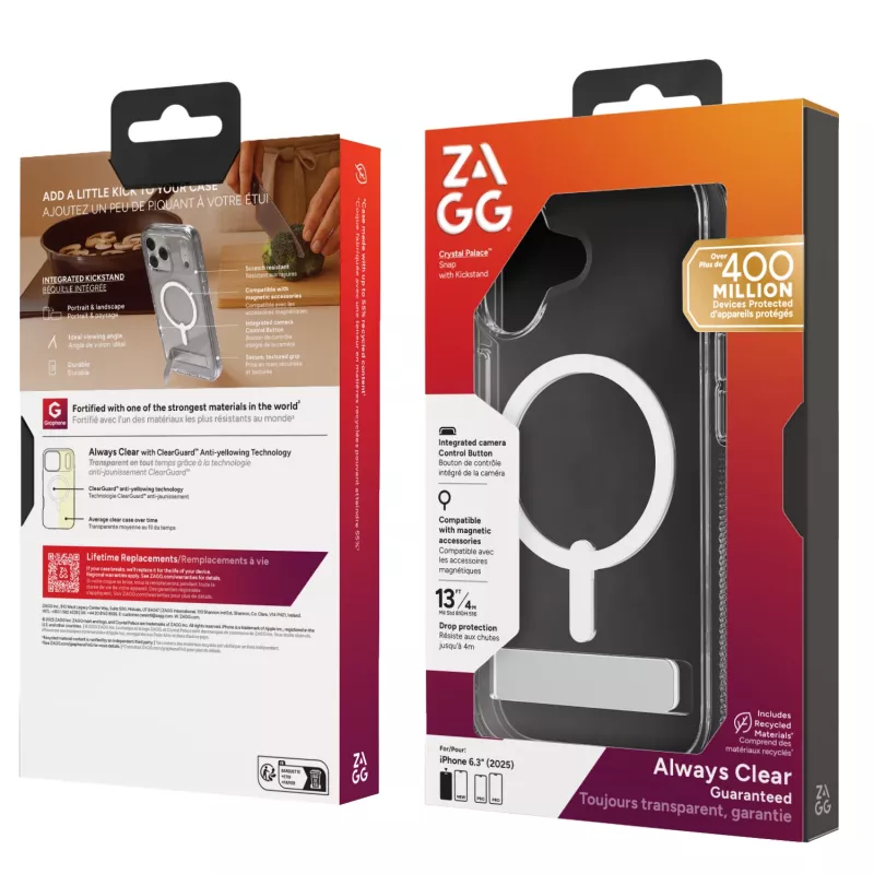 Dėklas ZAGG Crystal Palace Snap Kickstand, skirtas Apple iPhone 17, permatomas