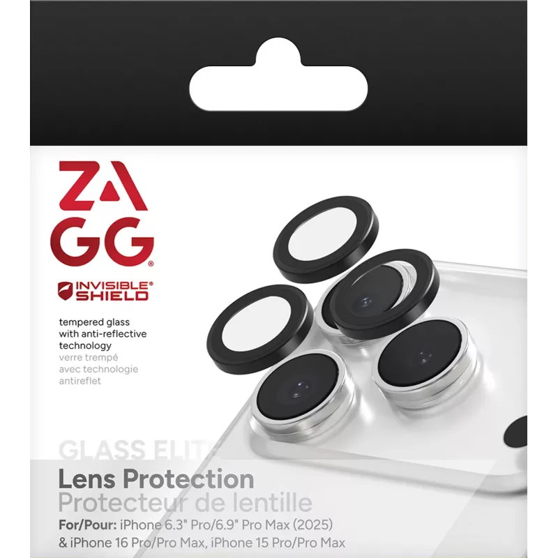InvisibleShield Glass Elite (CameraRings) objektyvo apsauga, skirta Apple iPhone 17 Pro/17 Pro Max 16 Pro/16 Pro Max/15 Pro/15 Pro Max, juoda