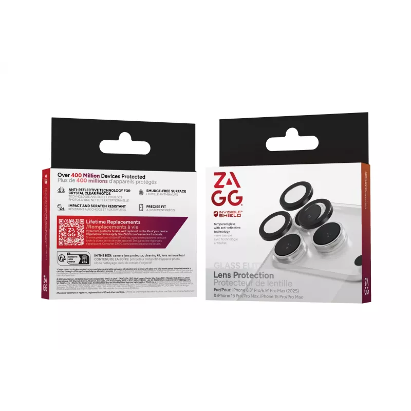 InvisibleShield Glass Elite (CameraRings) objektyvo apsauga, skirta Apple iPhone 17 Pro/17 Pro Max 16 Pro/16 Pro Max/15 Pro/15 Pro Max, juoda