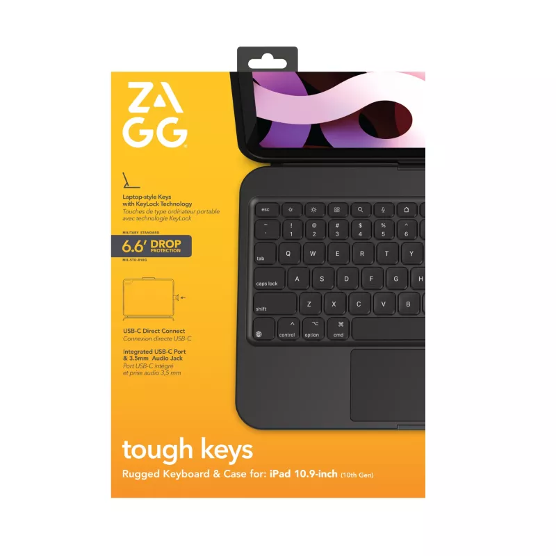 ZAGG Tough Keys-Apple-iPad 10-osios kartos/A16-Juoda-Vokiška (B2B ruda dėžutė)