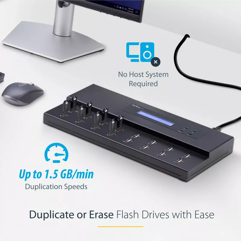 StarTech.com atskiras 1 į 15 USB atminties kopijavimo įrenginys ir trintuvas, kelių USB atmintinių kopijavimo įrenginys, sistemos, failų ir viso disko kopijavimas 1,5 GB/min greičiu, vienkartinis ir 3 kartų trynimas, LCD ekranas - TAA