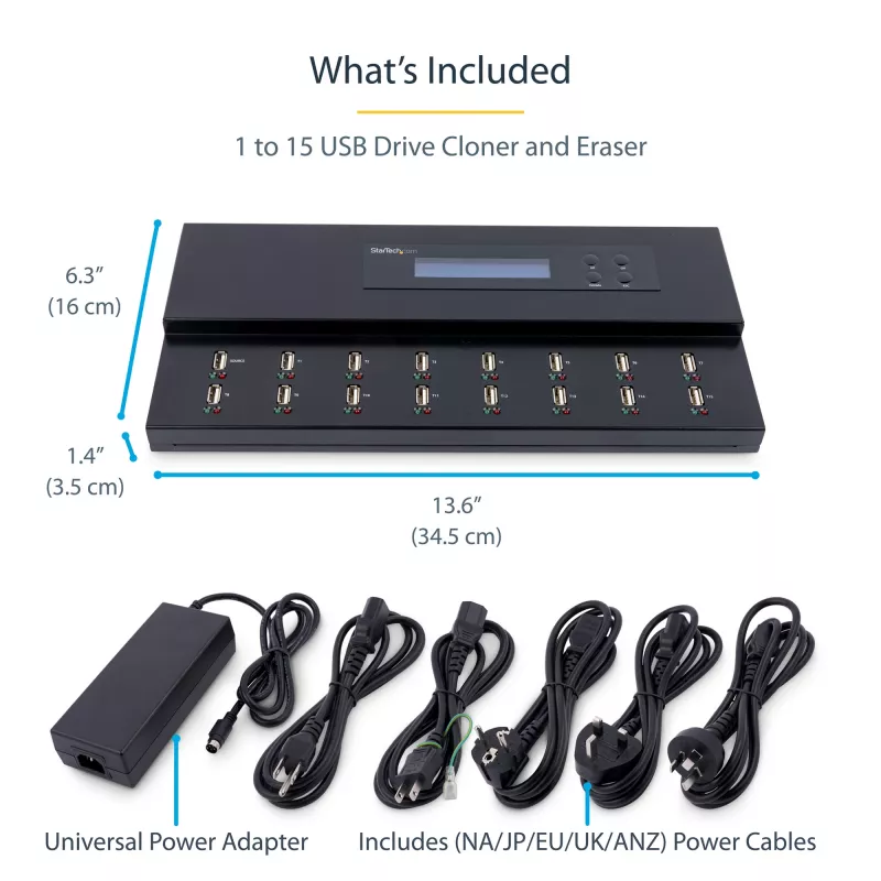 StarTech.com atskiras 1 į 15 USB atminties kopijavimo įrenginys ir trintuvas, kelių USB atmintinių kopijavimo įrenginys, sistemos, failų ir viso disko kopijavimas 1,5 GB/min greičiu, vienkartinis ir 3 kartų trynimas, LCD ekranas - TAA