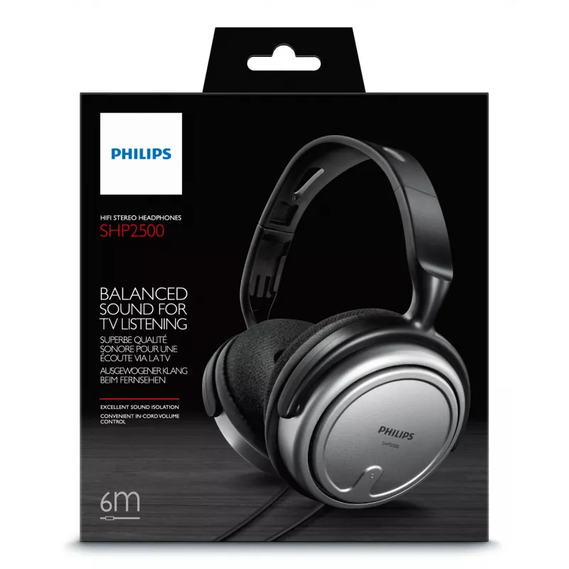 Philips Indoor Corded TV Headphone SHP2500/10, Wired, 15 - 22000 Hz, Music, 909 g, Headphones, Juoda, Sidabrinė
