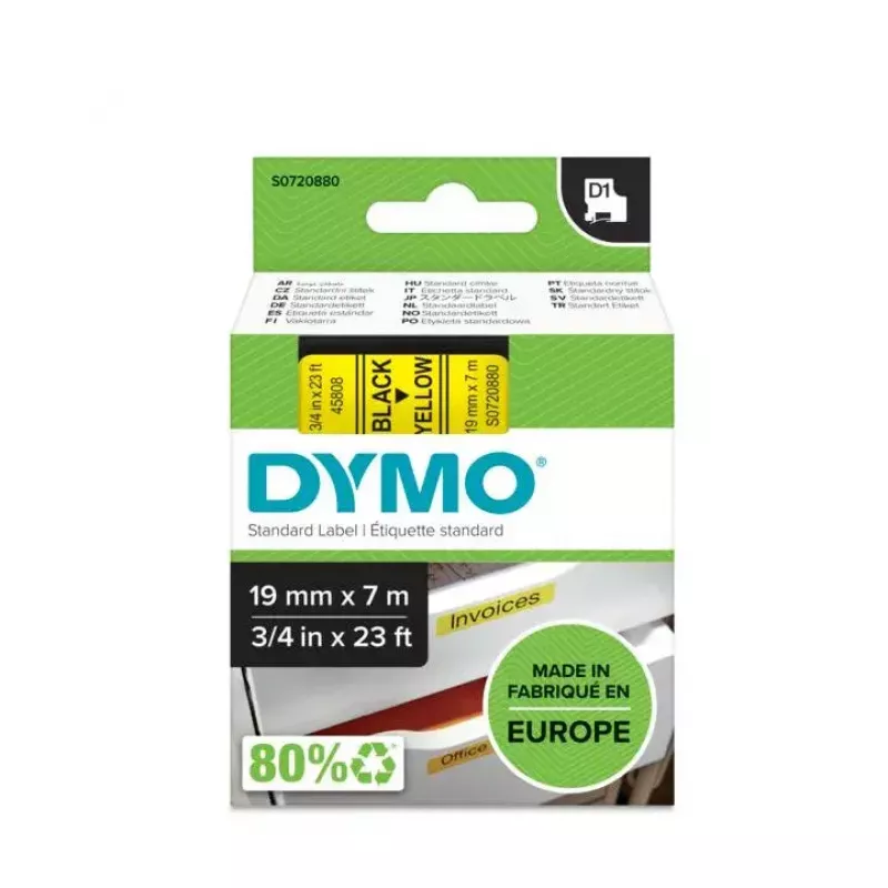 DYMO Authentic D1 etiketės | juodas spausdinimas ant geltonos juostelės | 19 mm x 7 m | lipnios etiketės, skirtos LabelManager etikečių gamybos prietaisams | pagaminta Europoje
