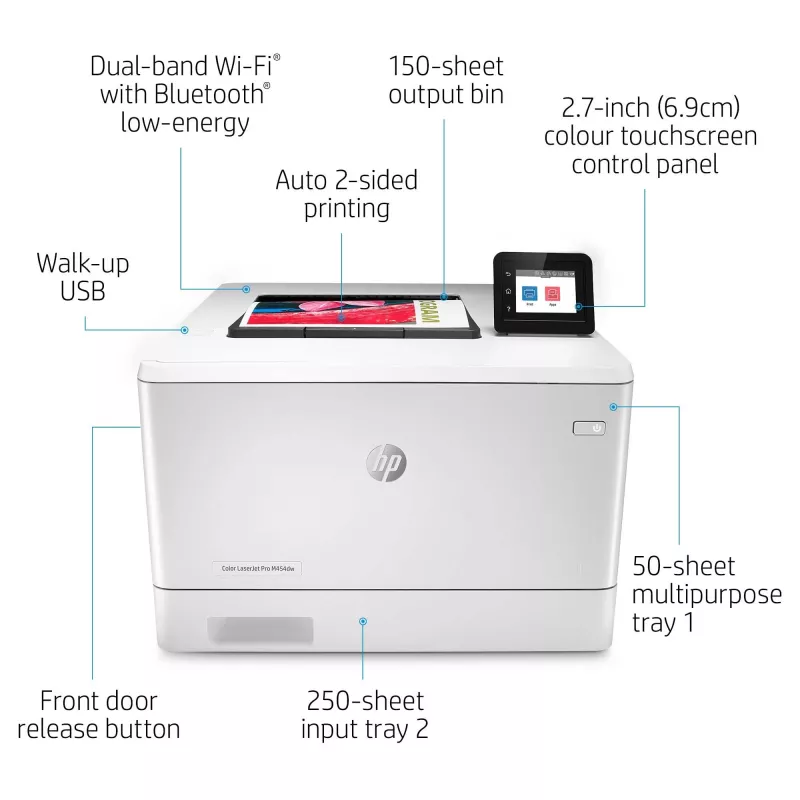 HP Color LaserJet Pro M454dw, spausdinimas, priekinis USB spausdinimas; dvipusis spausdinimas