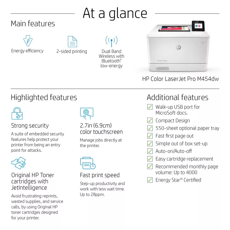 HP Color LaserJet Pro M454dw, spausdinimas, priekinis USB spausdinimas; dvipusis spausdinimas