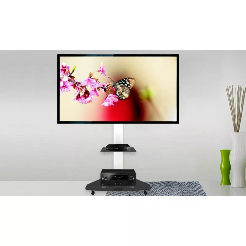 Techly grindų stovas su lentyna ir vežimėliu TV LCD/LED/Plazminiam 37-70 colių baltas