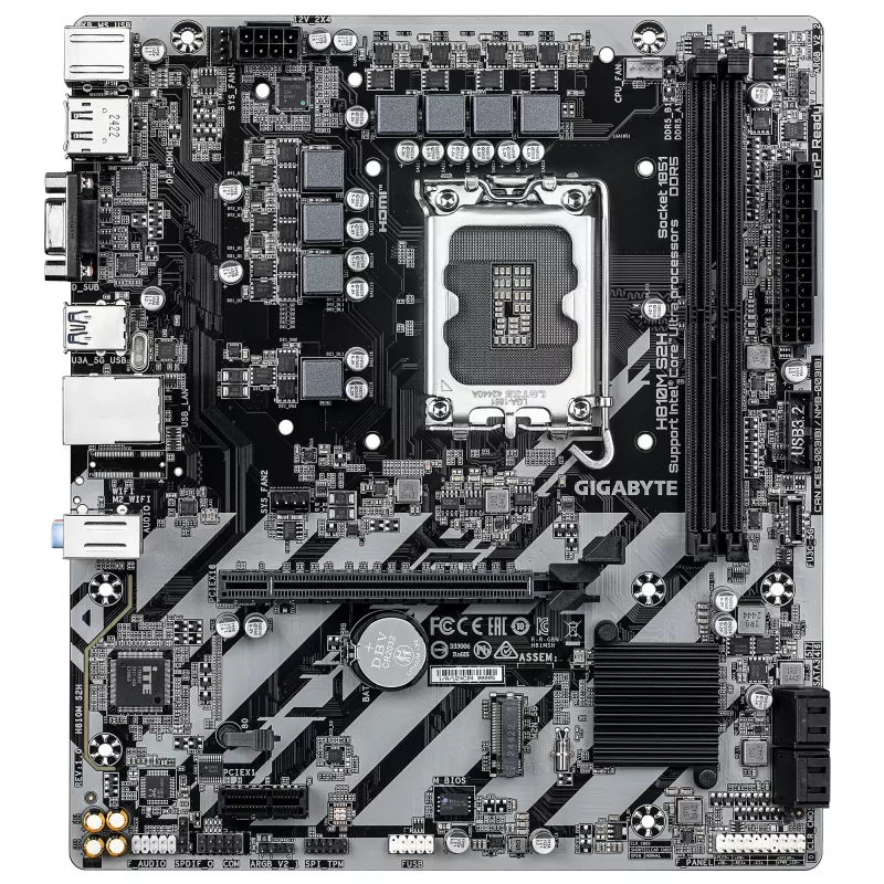 GIGABYTE H810M S2H pagrindinė plokštė – Intel Core Ultra (2 serijos) procesoriams, 4+1+2 fazių VRM, iki 6400 MHz DDR5, 1xPCIe 4.0 M.2, 1GbE LAN, USB 3.2 Gen 1