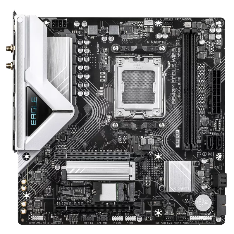 GIGABYTE B840M EAGLE WIFI6 pagrindinė plokštė – AMD Ryzen 9000 procesoriams, 5+2+2 fazių VRM, iki 7600MHz DDR5(O.C), 1xPCIe 4.0 + 1xPCIe 3.0 M.2, Wi-Fi 6, 2.5GbE LAN, USB 3.2 Gen 1
