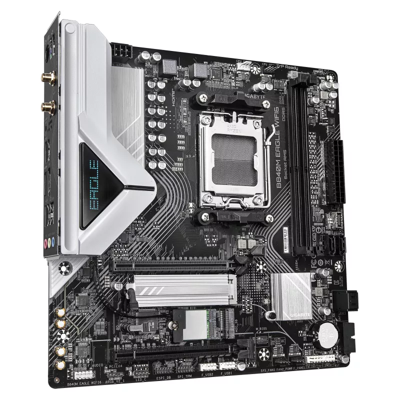 GIGABYTE B840M EAGLE WIFI6 pagrindinė plokštė – AMD Ryzen 9000 procesoriams, 5+2+2 fazių VRM, iki 7600MHz DDR5(O.C), 1xPCIe 4.0 + 1xPCIe 3.0 M.2, Wi-Fi 6, 2.5GbE LAN, USB 3.2 Gen 1