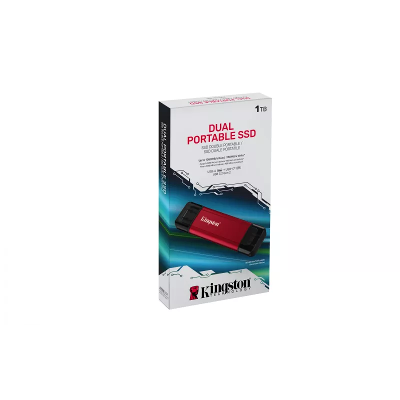 Išorinis SSD Kingston 1TB Dvigubas USB-A/USB-C Nešiojamasis SSD — USB 3.2 Gen 2, Skaitymo greitis 1050 MB/s, Rašymo greitis 950 MB/s, Juoda/Raudona