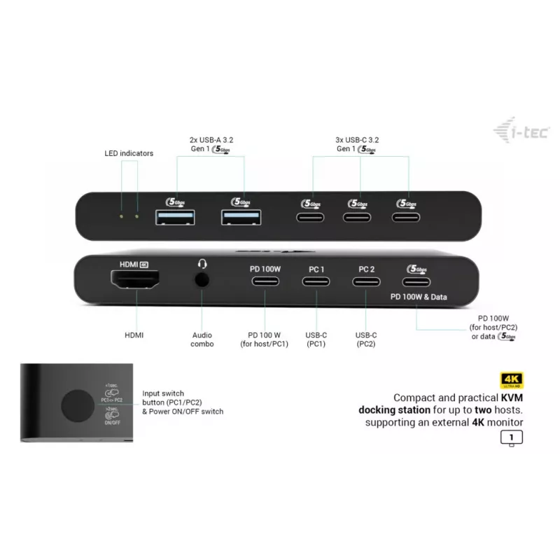 KVM prijungimo stotelė i-tec 2 kompiuteriams HDMI, USB-C sąsaja, PD 2×100 W, 4K@60 Hz, 2×USB-A