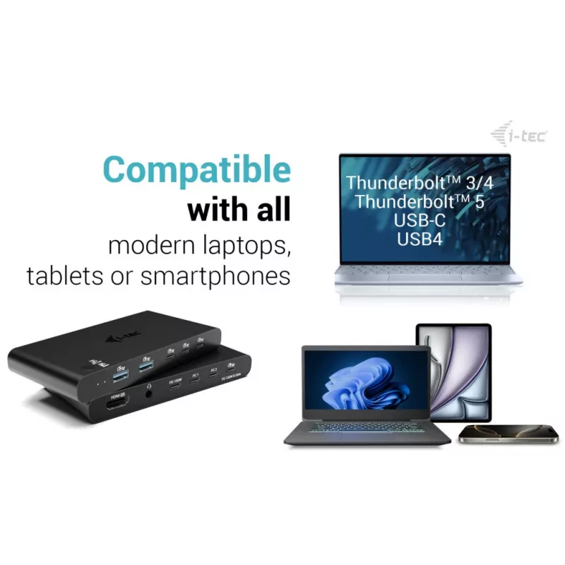 KVM prijungimo stotelė i-tec 2 kompiuteriams HDMI, USB-C sąsaja, PD 2×100 W, 4K@60 Hz, 2×USB-A