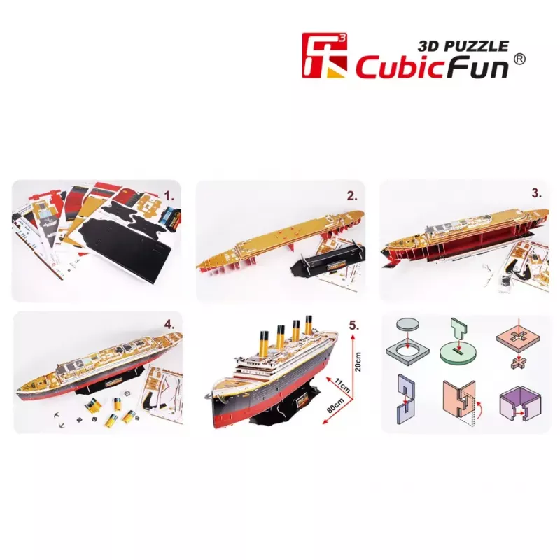 3D dėlionė Cubicfun Titanic Big T4011H — 1024 dalys, mastelinis laivo modelis