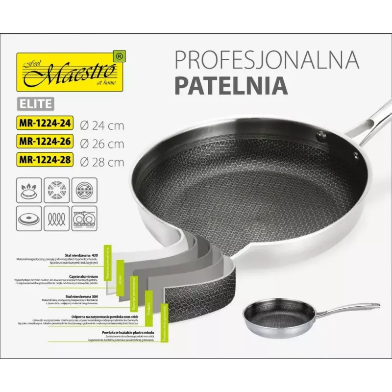 Universali keptuvė Maestro MR-1224-28 28 cm, trijų sluoksnių nerūdijančio plieno korpusas, nelimpanti, tinkama indukcijai