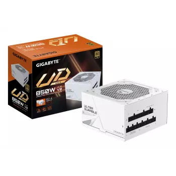 Maitinimo blokas GIGABYTE UD850GM PG5 V2 ICE — 850 W, PCIe Gen 5.1, 80 PLUS Gold, visiškai modulinis, 120 mm ventiliatorius, ATX 3.1, UK kištukas, baltas