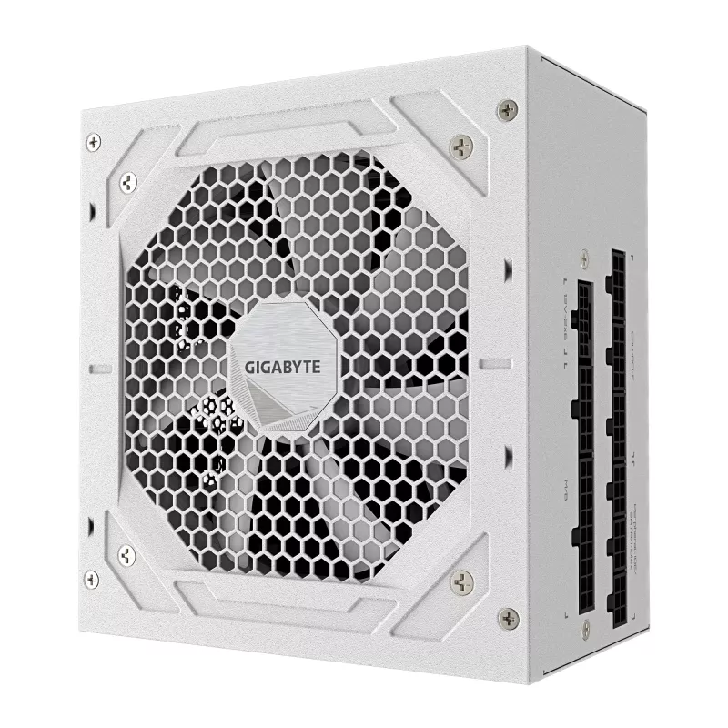 Maitinimo blokas GIGABYTE UD850GM PG5 V2 ICE — 850 W, PCIe Gen 5.1, 80 PLUS Gold, visiškai modulinis, 120 mm ventiliatorius, ATX 3.1, UK kištukas, baltas