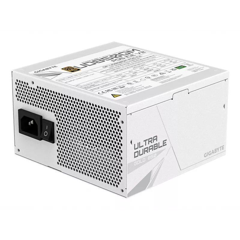 Maitinimo blokas GIGABYTE UD850GM PG5 V2 ICE — 850 W, PCIe Gen 5.1, 80 PLUS Gold, visiškai modulinis, 120 mm ventiliatorius, ATX 3.1, UK kištukas, baltas