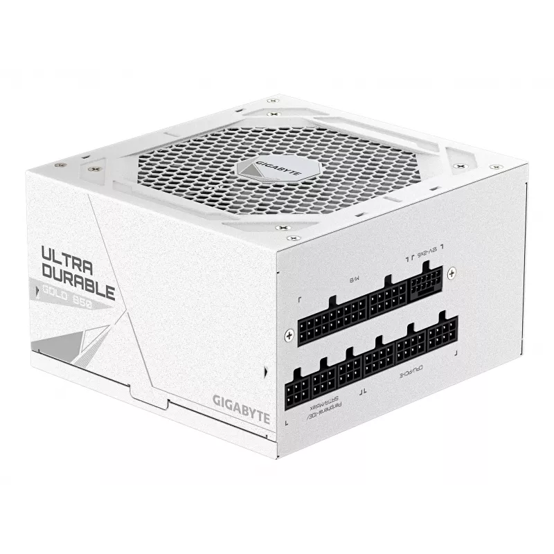 Maitinimo blokas GIGABYTE UD850GM PG5 V2 ICE — 850 W, PCIe Gen 5.1, 80 PLUS Gold, visiškai modulinis, 120 mm ventiliatorius, ATX 3.1, UK kištukas, baltas