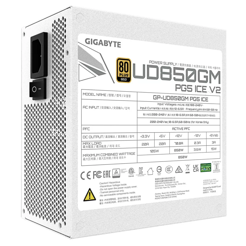 Maitinimo blokas GIGABYTE UD850GM PG5 V2 ICE — 850 W, PCIe Gen 5.1, 80 PLUS Gold, visiškai modulinis, 120 mm ventiliatorius, ATX 3.1, UK kištukas, baltas