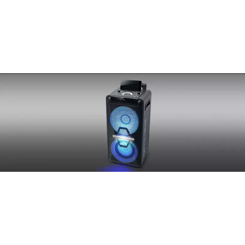 Nešiojamas garsiakalbis Muse M-1920 DJ — 300 W RMS, maitinamas kintamąja srove, 3,5 mm įvestis, 256×287×534 mm, 7 kg, juodas