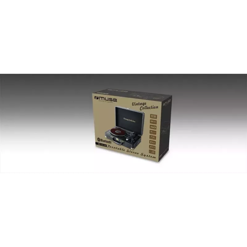 Patefonas Muse MT-103 GD juodas — 33/45/78 RPM, AC adapteris 100–240 V, kompaktiškas 350×113×255 mm, 2,7–3 kg
