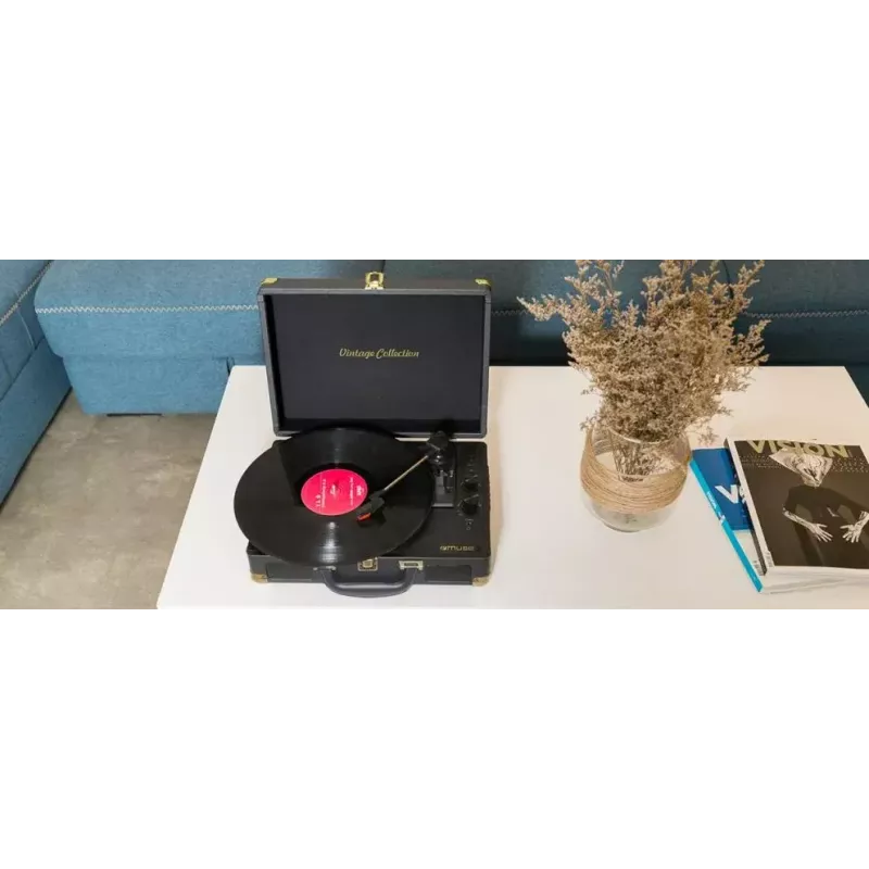 Patefonas Muse MT-103 GD juodas — 33/45/78 RPM, AC adapteris 100–240 V, kompaktiškas 350×113×255 mm, 2,7–3 kg