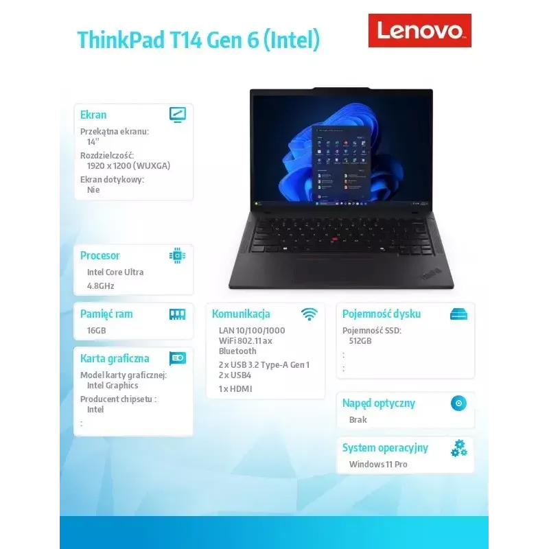 Nešiojamas kompiuteris Lenovo ThinkPad T14 G6 14.0 col. Ultra 5 225U 16GB 512GB INT W11Pro Juoda
