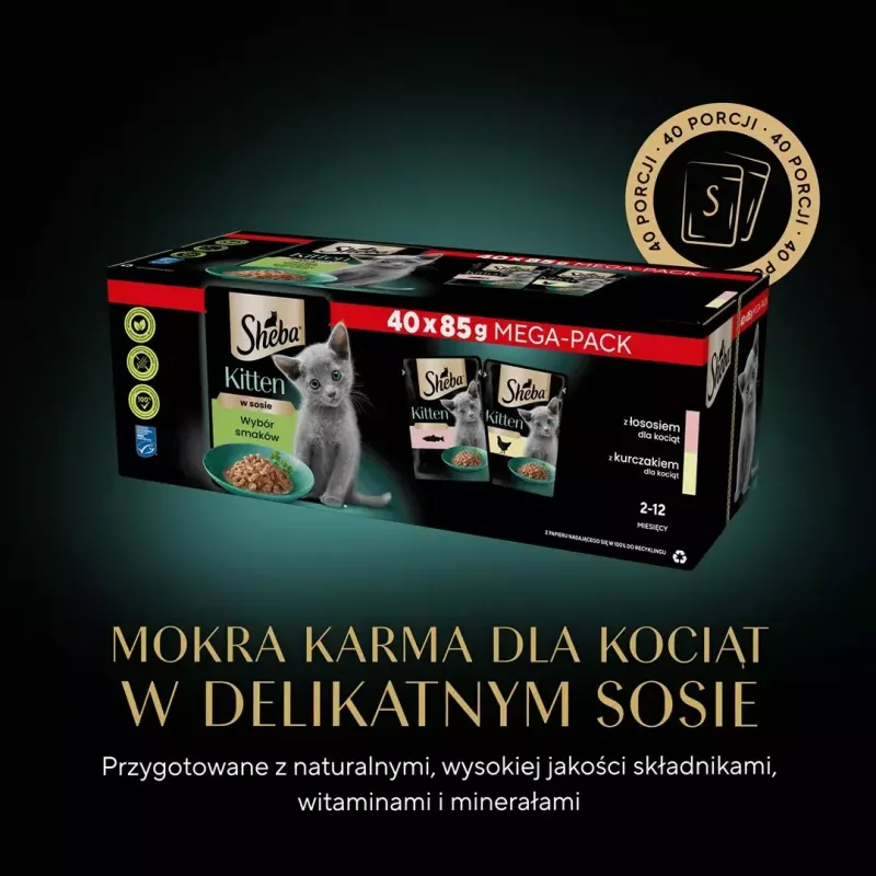 Šlapias kačių maistas Sheba Kitten Selection of Flavors in Sauce 40×85 g — šlapias maistas jauniems kačiukams, 40 pakelių po 85 g, 3,4 kg, vištienos skonio