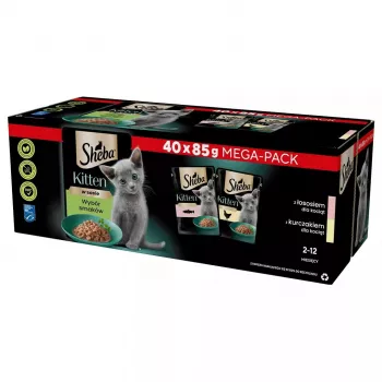 Šlapias kačių maistas Sheba Kitten Selection of Flavors in Sauce 40×85 g — šlapias maistas jauniems kačiukams, 40 pakelių po 85 g, 3,4 kg, vištienos skonio