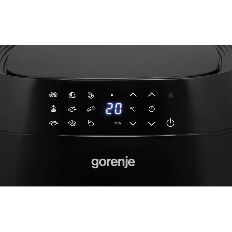 Karšto oro gruzdintuvė Gorenje AF1409DB — 3,2 l talpa, 1400 W, LED ekranas, min. temp. 90 °C, juoda