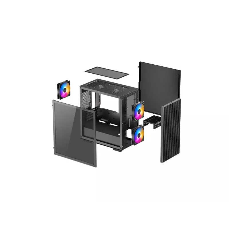 PC korpusas DeepCool MATREXX 40 3FS Micro Tower — Micro ATX/Mini-ITX, grūdintas stiklas, 3x140/2x120 ventiliatorių palaikymas, GPU iki 320 mm, 2x3,5 colio + 2x2,5 colio, juodas