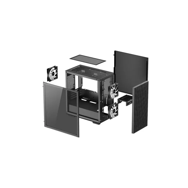 PC korpusas DeepCool MATREXX 40 3FS Micro Tower — Micro ATX/Mini-ITX, grūdintas stiklas, 3x140/2x120 ventiliatorių palaikymas, GPU iki 320 mm, 2x3,5 colio + 2x2,5 colio, juodas