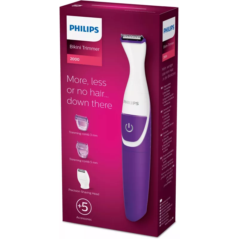 Bikinio zonos kirpimo mašinėlė Philips Essential BRT383/15, 3 ilgio nustatymai, AA baterija, 120 min. veikimo laikas, balta/violetinė