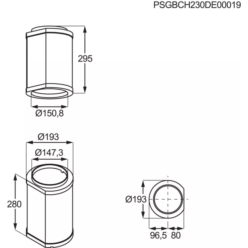Gartraukio prailginimo vamzdis Electrolux M8CKSL28 juodo nerūdijančio plieno, Ø193 mm × A295 mm