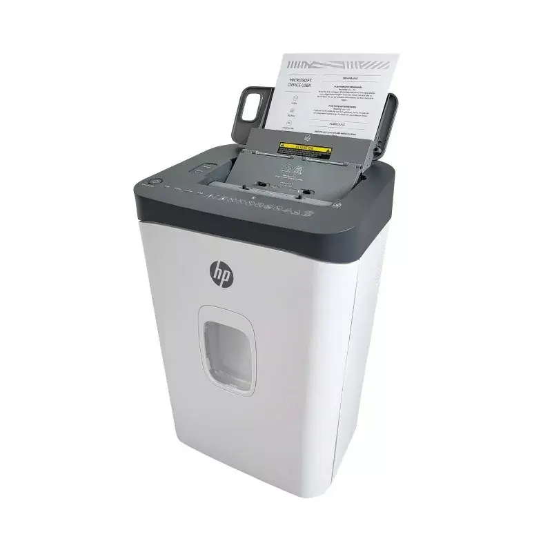 Popieriaus smulkintuvas HP ONESHRED Auto 200CC — automatinis tiekimas 200 lapų talpa, mikro pjovimas P-4, 28 l dėžė, balta-pilka