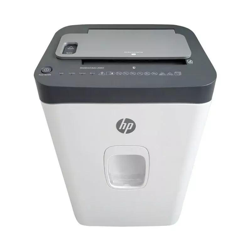Popieriaus smulkintuvas HP ONESHRED Auto 200CC — automatinis tiekimas 200 lapų talpa, mikro pjovimas P-4, 28 l dėžė, balta-pilka