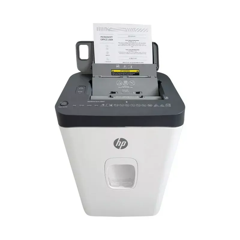 Popieriaus smulkintuvas HP ONESHRED Auto 200CC — automatinis tiekimas 200 lapų talpa, mikro pjovimas P-4, 28 l dėžė, balta-pilka