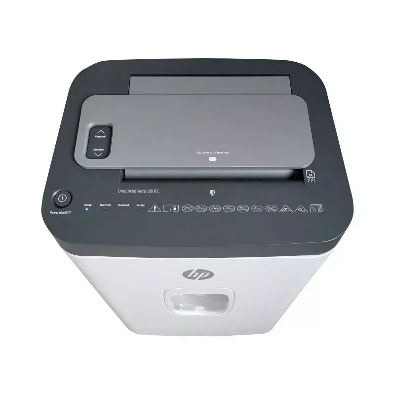 Popieriaus smulkintuvas HP ONESHRED Auto 200CC — automatinis tiekimas 200 lapų talpa, mikro pjovimas P-4, 28 l dėžė, balta-pilka