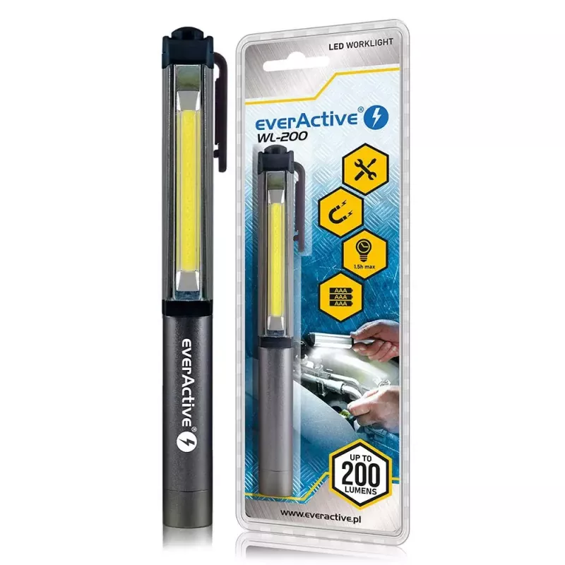 Clip flashlight everActive WL200, 3 W 200 lm, aliuminio korpusas, IPX4, 3×AAA, ilgis 161.7 mm, juodas