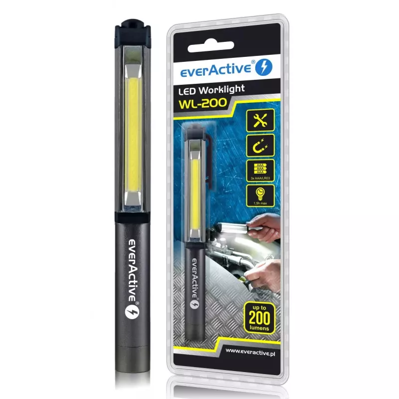 Clip flashlight everActive WL200, 3 W 200 lm, aliuminio korpusas, IPX4, 3×AAA, ilgis 161.7 mm, juodas