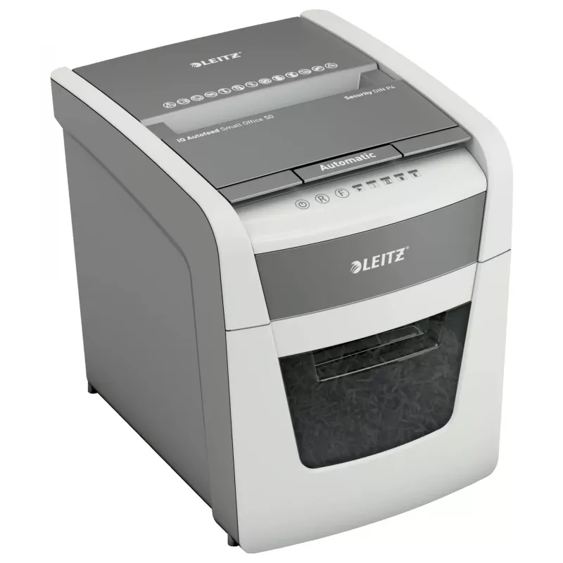 Popieriaus smulkintuvas LEITZ IQ Autofeed Small Office50 P4 — mikro pjovimas 4x28 mm, automatinis 50 lapų padavimas, 22 cm anga, 20 L talpykla