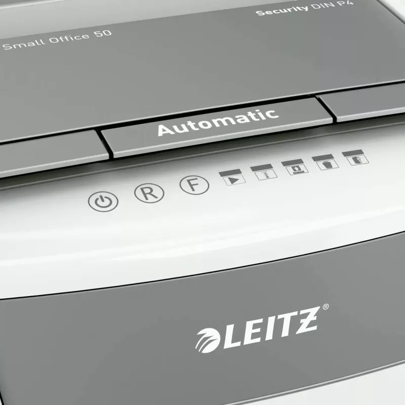 Popieriaus smulkintuvas LEITZ IQ Autofeed Small Office50 P4 — mikro pjovimas 4x28 mm, automatinis 50 lapų padavimas, 22 cm anga, 20 L talpykla