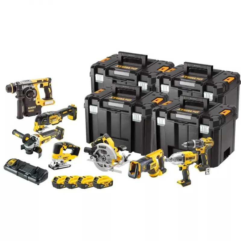 Belaidis kombinuotas rinkinys DeWalt DCK865P4T 18V — rinkinys su keturiomis 5,0 Ah baterijomis ir TSTAK dėklais